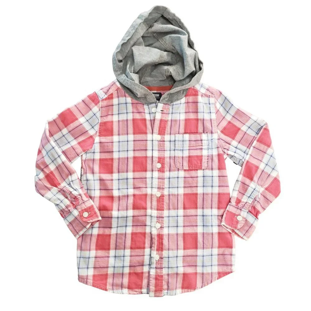 OshKosh Boys Size 7 Plaid Hooded Shirt Red Blue Button Down